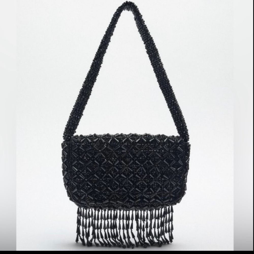 $69. Zara Black Beaded Fringe Shoulder Bag. NWT.